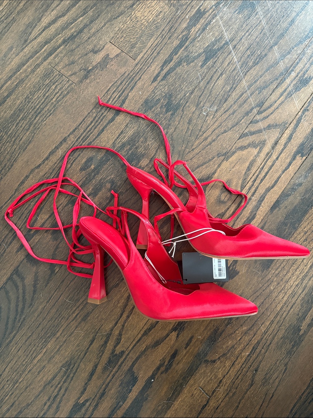 Red Satin Pointed Toe Lace-Up Heels